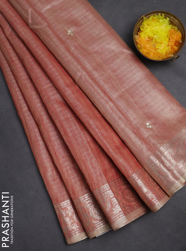 Kota tissue saree red shade with embroidery buttas and zari woven border