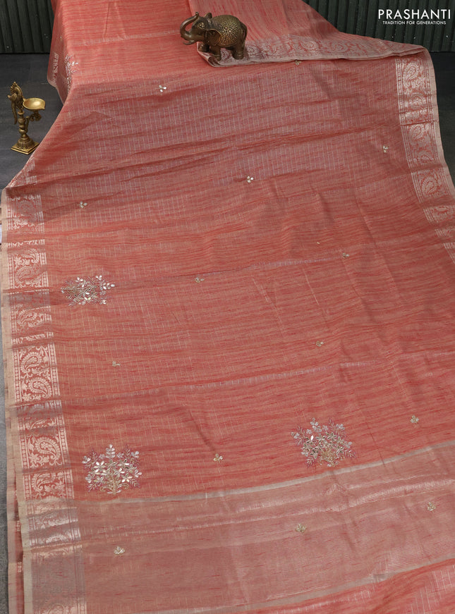 Kota tissue saree red shade with embroidery buttas and zari woven border