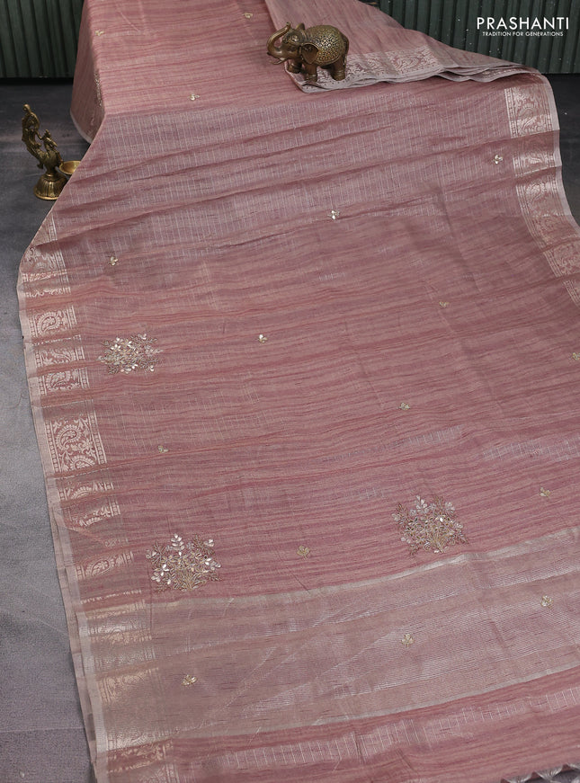 Kota tissue saree pastel pink shade with embroidery buttas and zari woven border