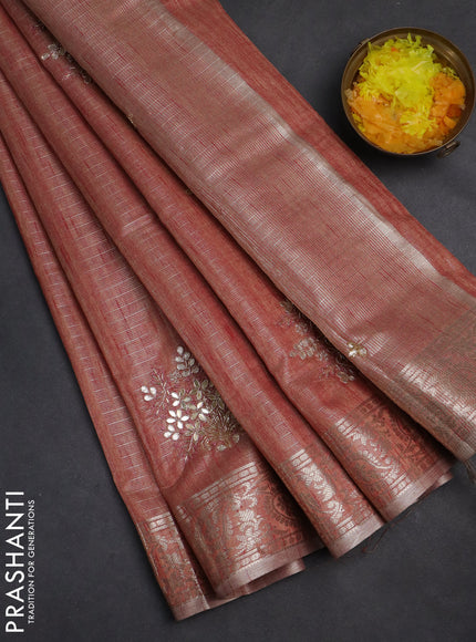 Kota tissue saree pastel peach with allover zari weaves embroidery buttas and zari woven embroidery butta border