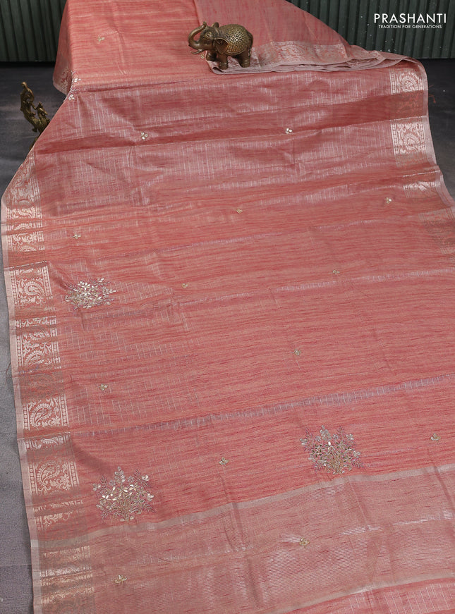 Kota tissue saree pastel peach with allover zari weaves embroidery buttas and zari woven embroidery butta border