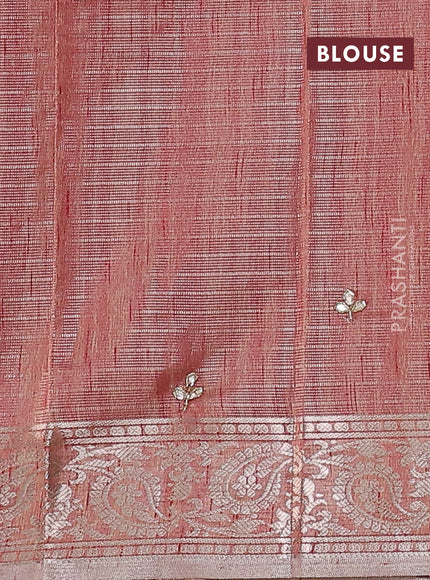 Kota tissue saree pastel peach with allover zari weaves embroidery buttas and zari woven embroidery butta border