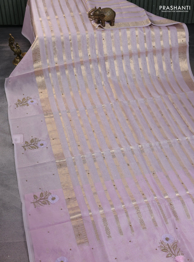 Kota tissue saree mild lavendar with allover zari weaves & embroidery buttas and zari woven embroidery butta border