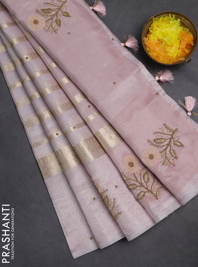 Kota tissue saree mild lavender with allover zari weaves & embroidery buttas and zari woven embroidery butta border