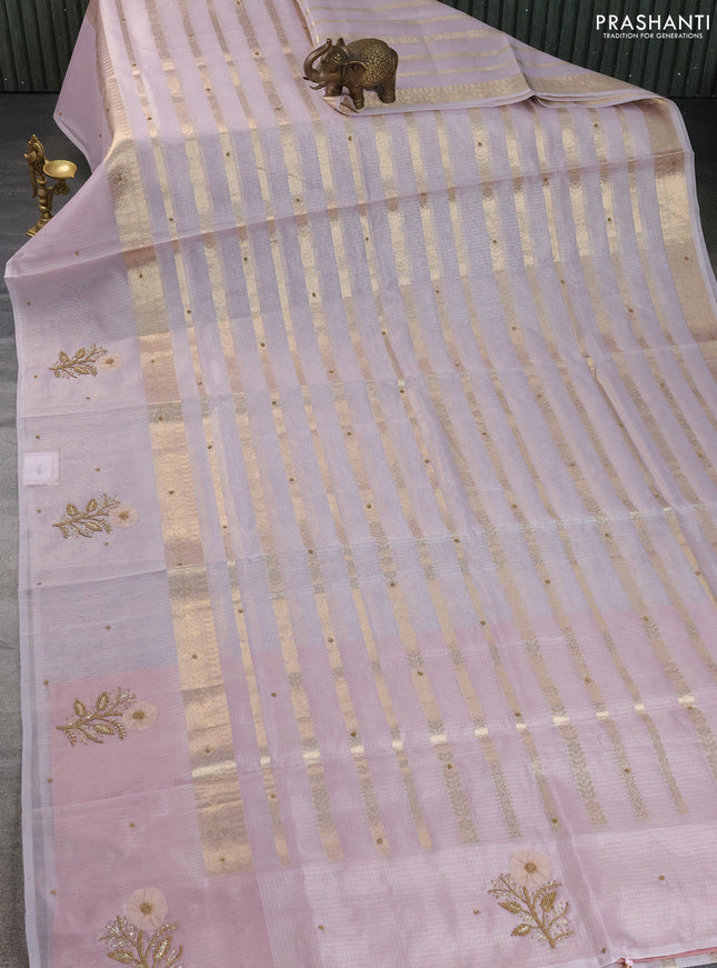 Kota tissue saree mild lavender with allover zari weaves & embroidery buttas and zari woven embroidery butta border