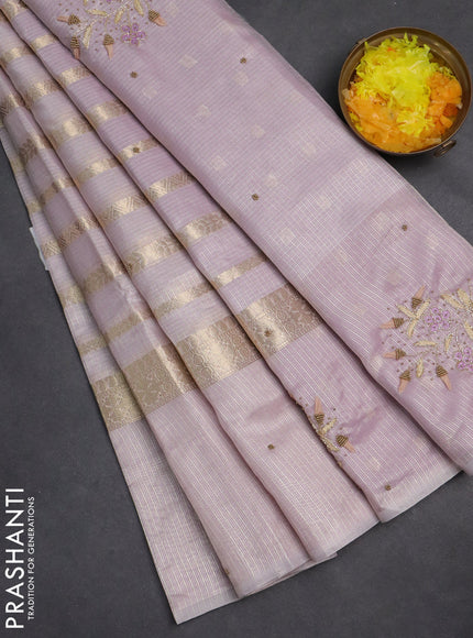 Kota tissue saree mild lavendar with allover zari weaves & embroidery buttas and embroidery butta border