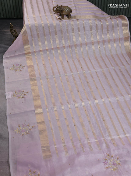 Kota tissue saree mild lavendar with allover zari weaves & embroidery buttas and embroidery butta border