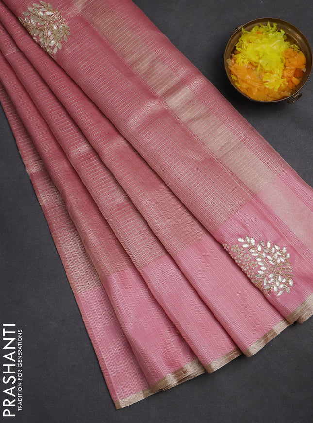 Kota tissue saree light pink with zari woven buttas and embroidered butta boder