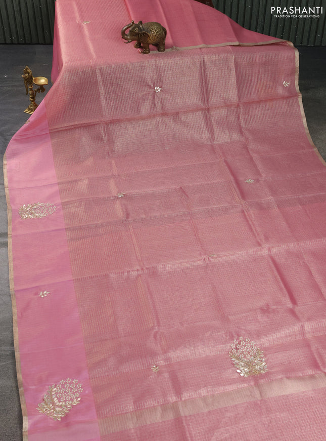 Kota tissue saree light pink with zari woven buttas and embroidered butta boder
