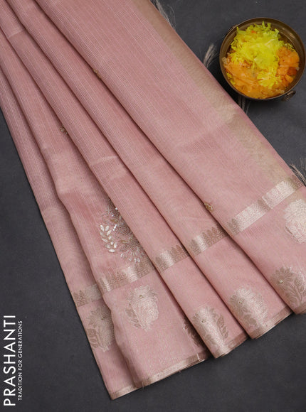 Kota tissue saree pastel pink with embroidery buttas and zari woven butta border