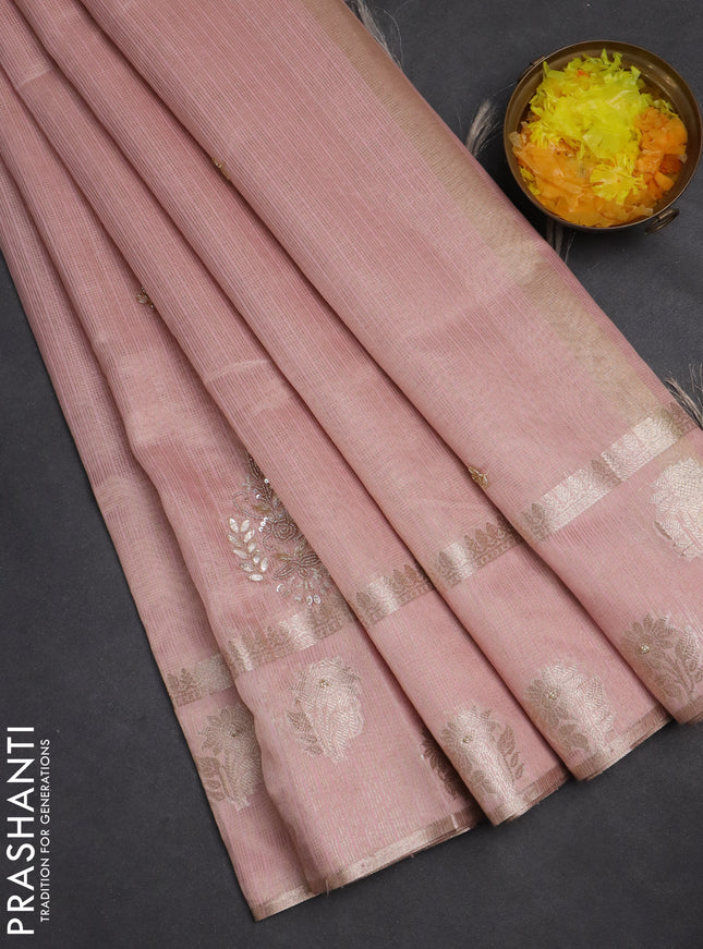 Kota tissue saree pastel pink with embroidery buttas and zari woven butta border