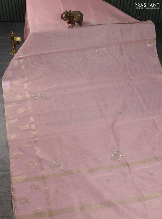 Kota tissue saree pastel pink with embroidery buttas and zari woven butta border