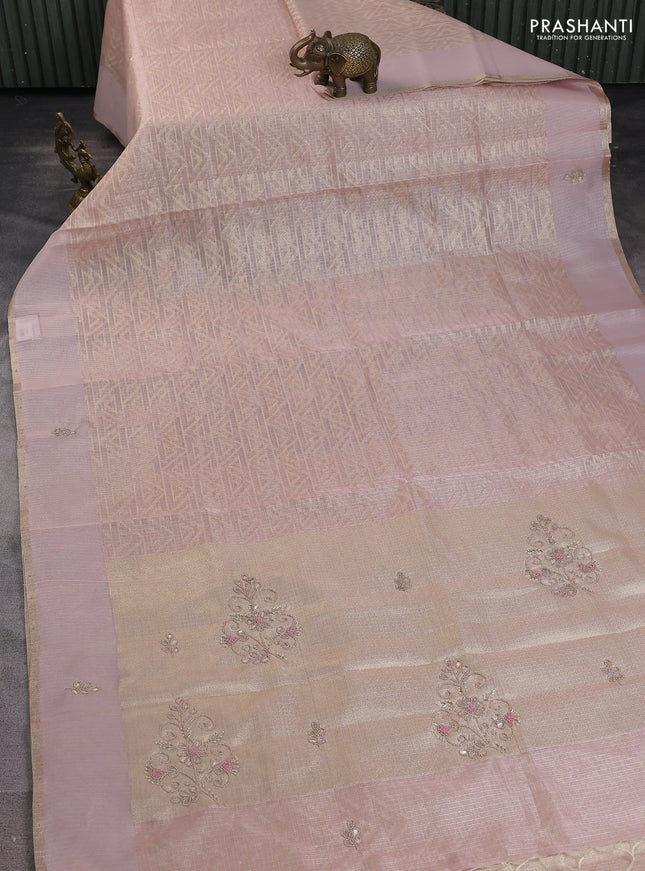 Kota tissue saree baby pink with allover zari weaves and embroidered butta boder