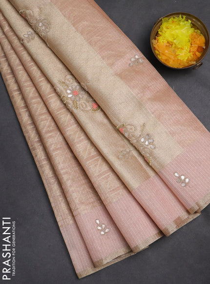Kota tissue saree peach with allover zari weaves and embroidered butta boder