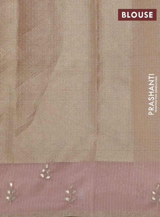 Kota tissue saree peach with allover zari weaves and embroidered butta boder