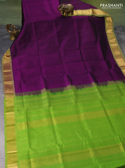 Silk cotton saree deep purple and light green with plain body and zari woven border