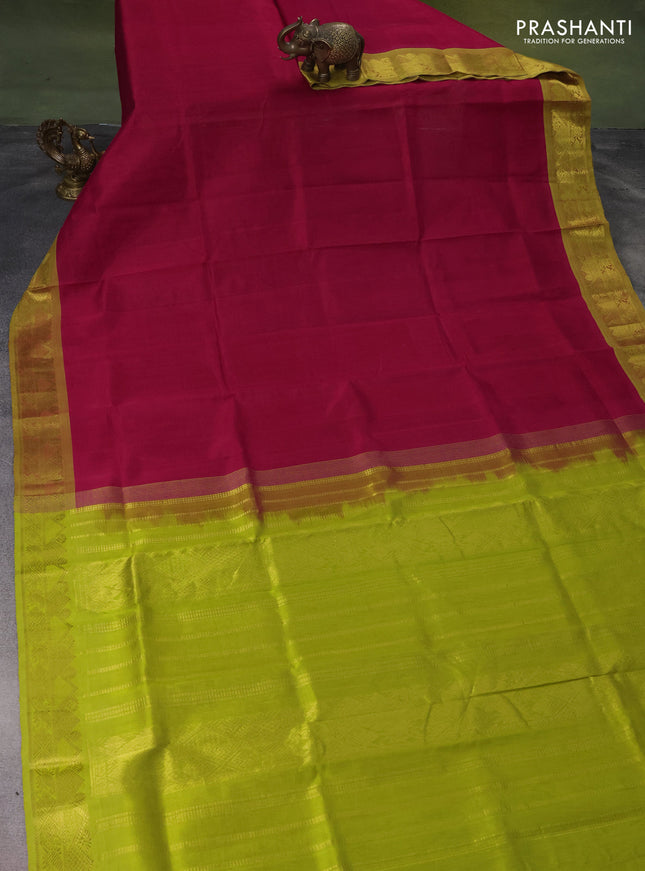 Silk cotton saree red and light green with plain body and zari woven border