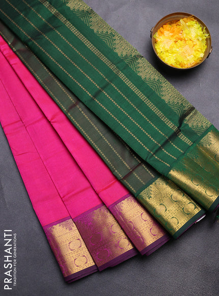 Silk cotton saree pink and green with plain body and zari woven border