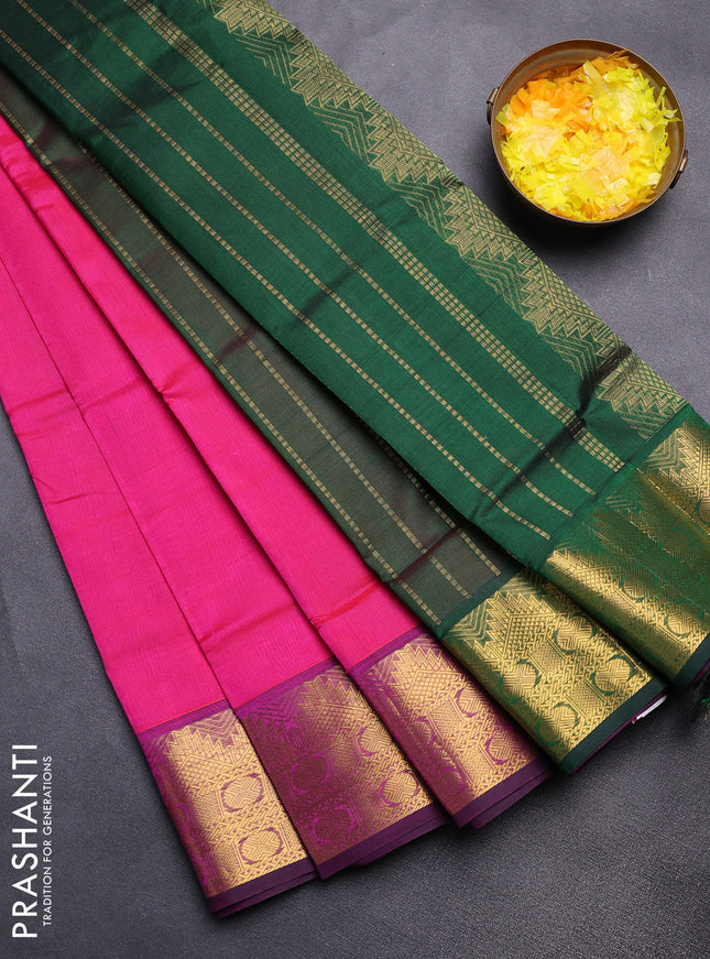 Silk cotton saree pink and green with plain body and zari woven border