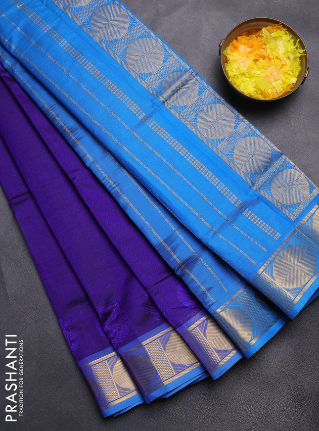 Silk cotton saree blue and cs blue with plain body and rudhraksha zari woven border