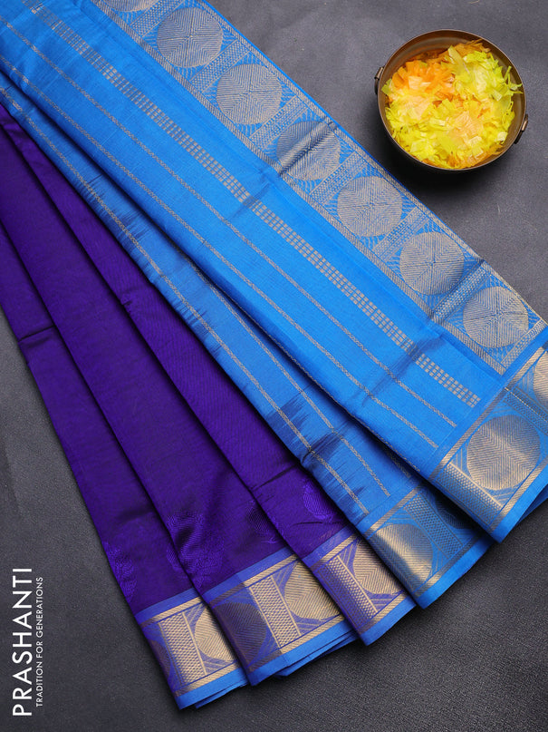 Silk cotton saree blue and cs blue with plain body and rudhraksha zari woven border