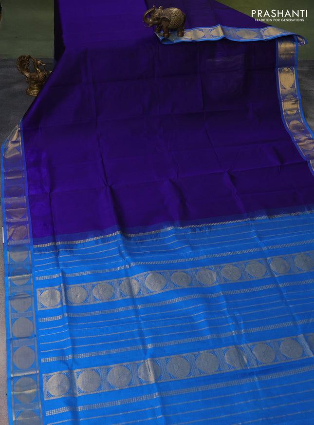 Silk cotton saree blue and cs blue with plain body and rudhraksha zari woven border