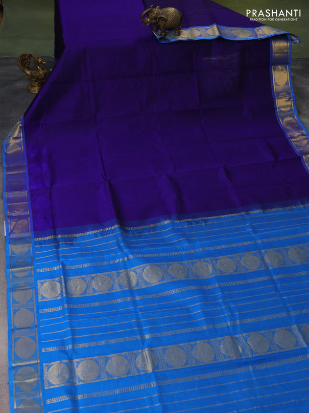Silk cotton saree blue and cs blue with plain body and rudhraksha zari woven border