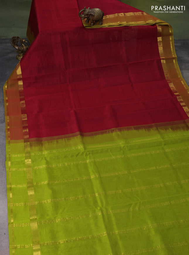 Silk cotton saree maroon and light green with plain body and rettapet zari woven border