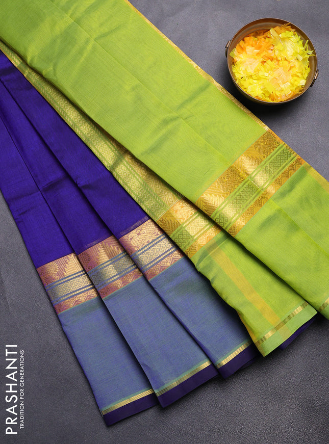 Silk cotton saree blue and light green with plain body and temple design rettapet zari wove border