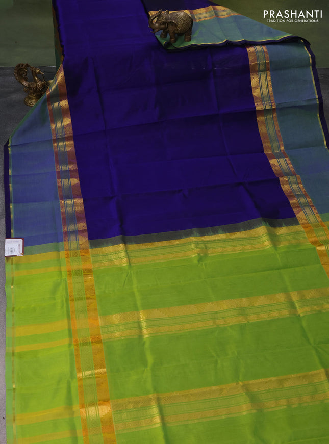 Silk cotton saree blue and light green with plain body and temple design rettapet zari wove border