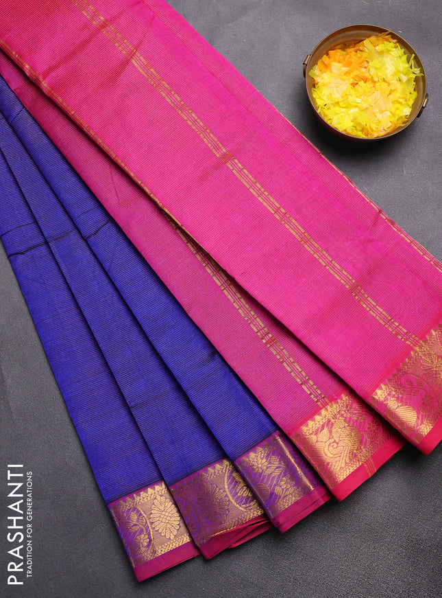 Silk cotton saree blue and magenta pink with allover vairaosi pattern and zari woven border