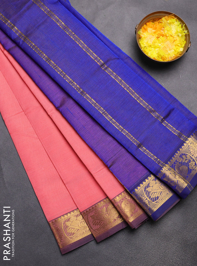 Silk cotton saree peach shade and blue with allover vairaosi pattern and zari woven border