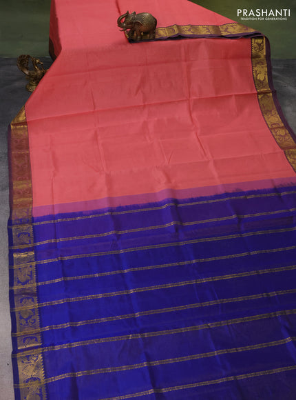 Silk cotton saree peach shade and blue with allover vairaosi pattern and zari woven border
