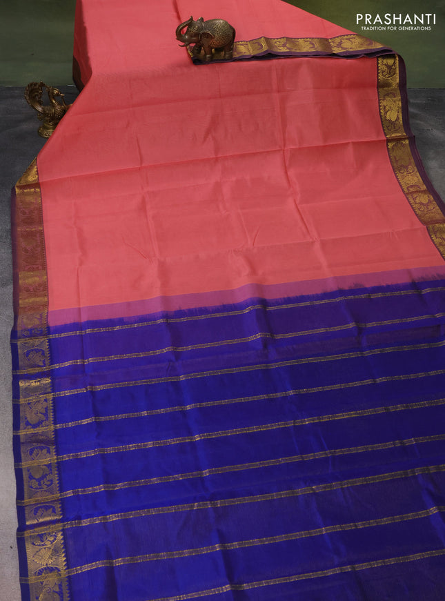 Silk cotton saree peach shade and blue with allover vairaosi pattern and zari woven border