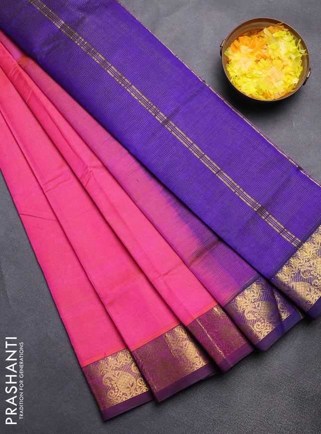 Silk cotton saree dual shade of pinkish orange and blue with allover vairaosi pattern and zari woven border