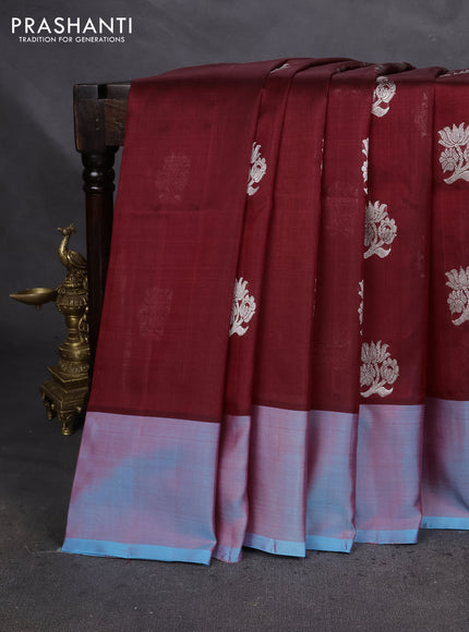 Venkatagiri silk saree maroon and light blue with silver zari woven buttas and simple border