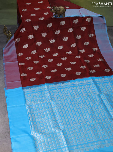 Venkatagiri silk saree maroon and light blue with silver zari woven buttas and simple border
