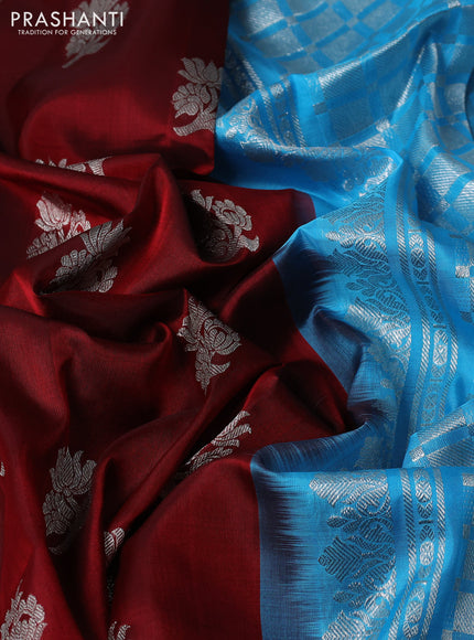 Venkatagiri silk saree maroon and light blue with silver zari woven buttas and simple border