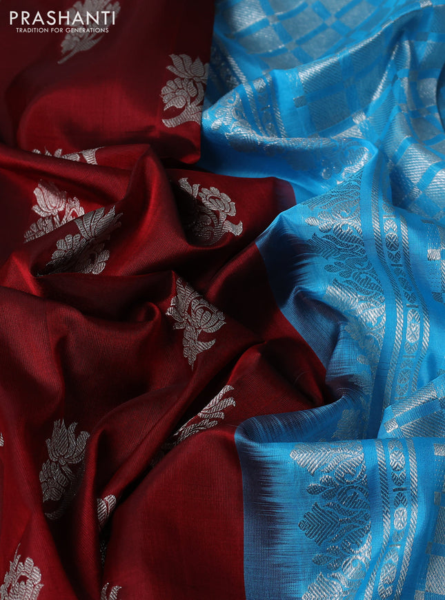 Venkatagiri silk saree maroon and light blue with silver zari woven buttas and simple border