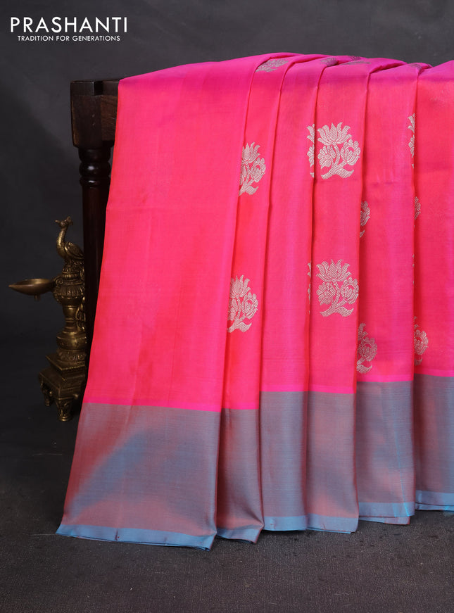 Venkatagiri silk saree dual shade of pink and light blue with silver zari woven buttas and simple border