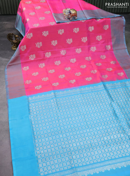 Venkatagiri silk saree dual shade of pink and light blue with silver zari woven buttas and simple border