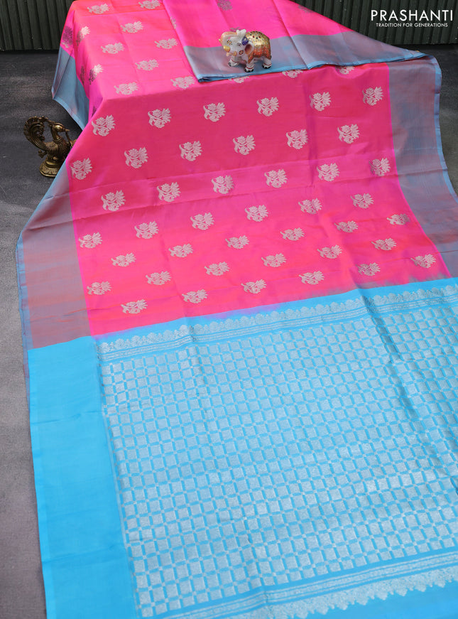 Venkatagiri silk saree dual shade of pink and light blue with silver zari woven buttas and simple border