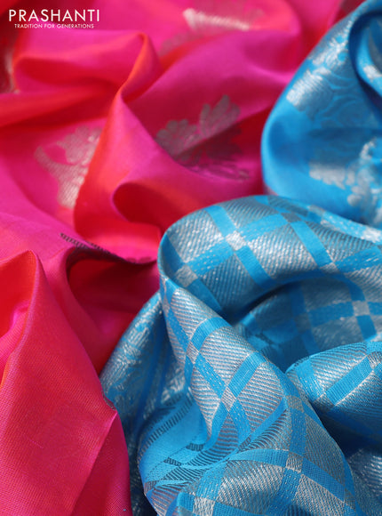 Venkatagiri silk saree dual shade of pink and light blue with silver zari woven buttas and simple border
