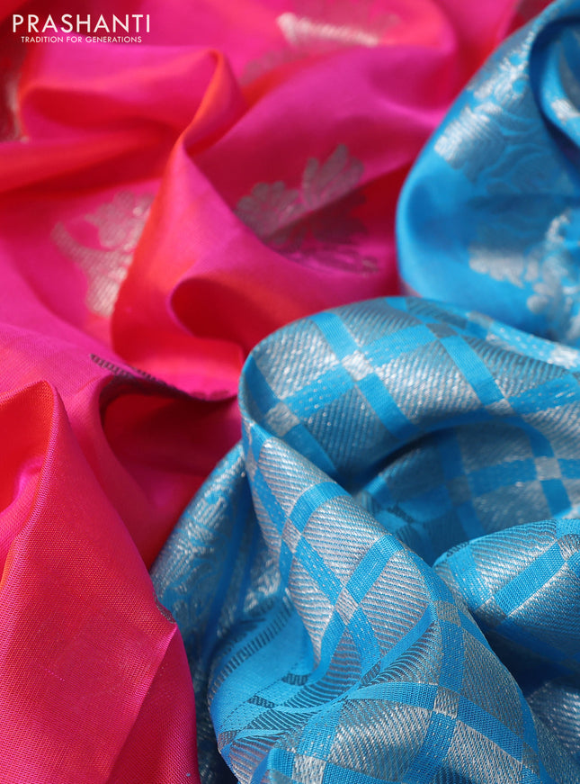 Venkatagiri silk saree dual shade of pink and light blue with silver zari woven buttas and simple border