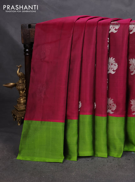 Venkatagiri silk saree magenta pink and light green with silver zari woven buttas and simple border
