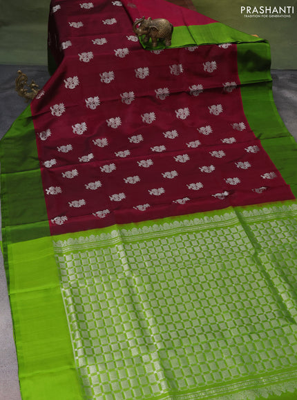 Venkatagiri silk saree magenta pink and light green with silver zari woven buttas and simple border