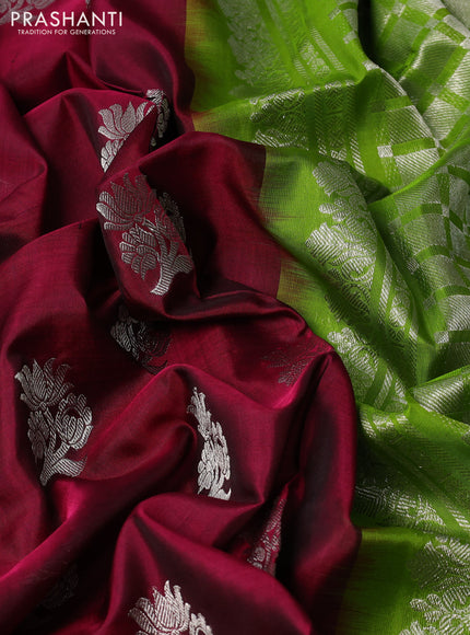 Venkatagiri silk saree magenta pink and light green with silver zari woven buttas and simple border