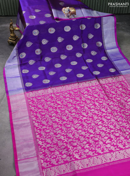 Venkatagiri silk saree blue and pink with silver zari woven buttas and silver zari woven border