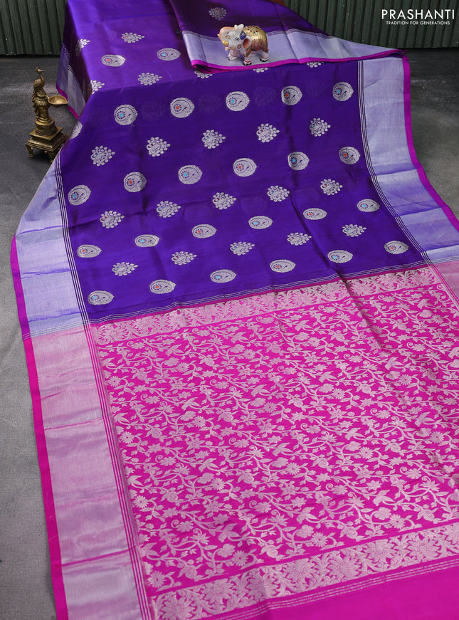 Venkatagiri silk saree blue and pink with silver zari woven buttas and silver zari woven border
