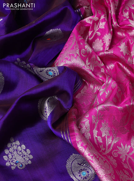 Venkatagiri silk saree blue and pink with silver zari woven buttas and silver zari woven border